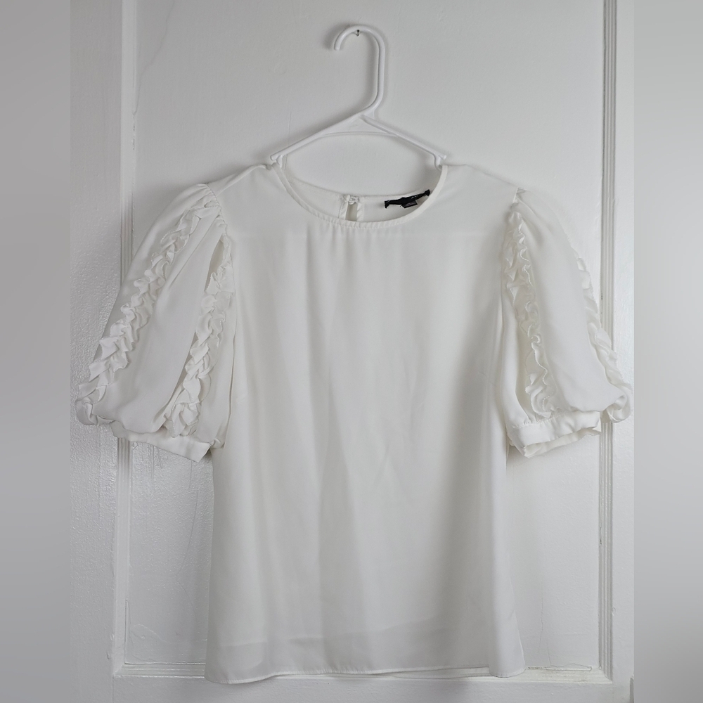 Aqua White Puff Sleeve Ruffle Blouse Size S